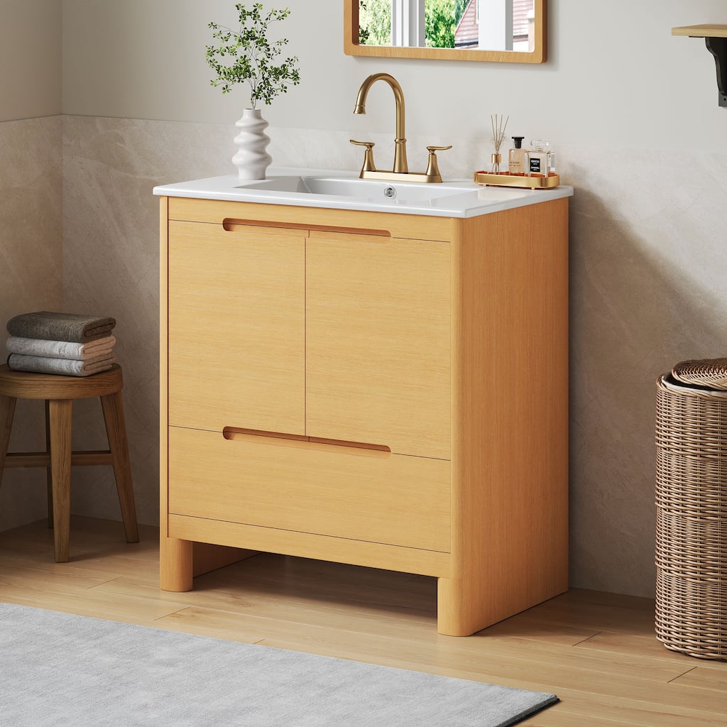 Christopher Knight Home - Harlow Modern 30" Bathroom Vanity with Ceramic Sink, Soft-Close Doors & Drawer, Adjustable Shelf