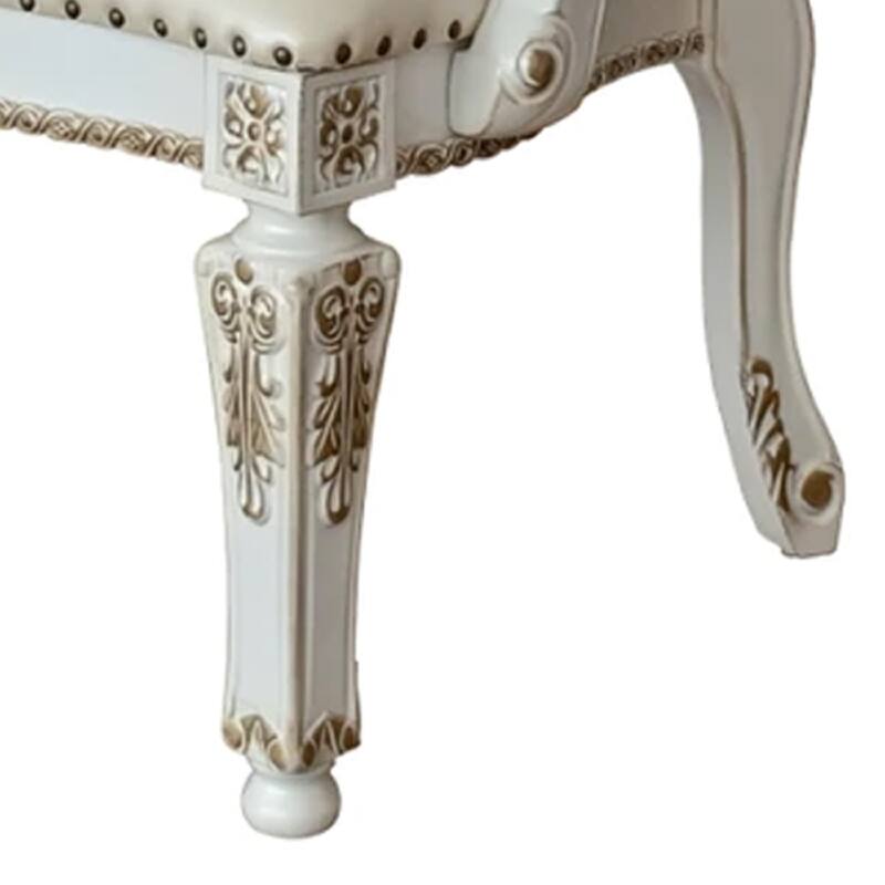 27 Inch Classic Vegan Leather Armchair, Button Tufted, Carved, White