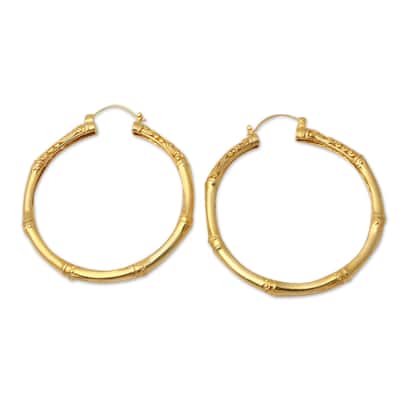 Novica Handmade Charming Bamboo Gold-Plated Hoop Earrings