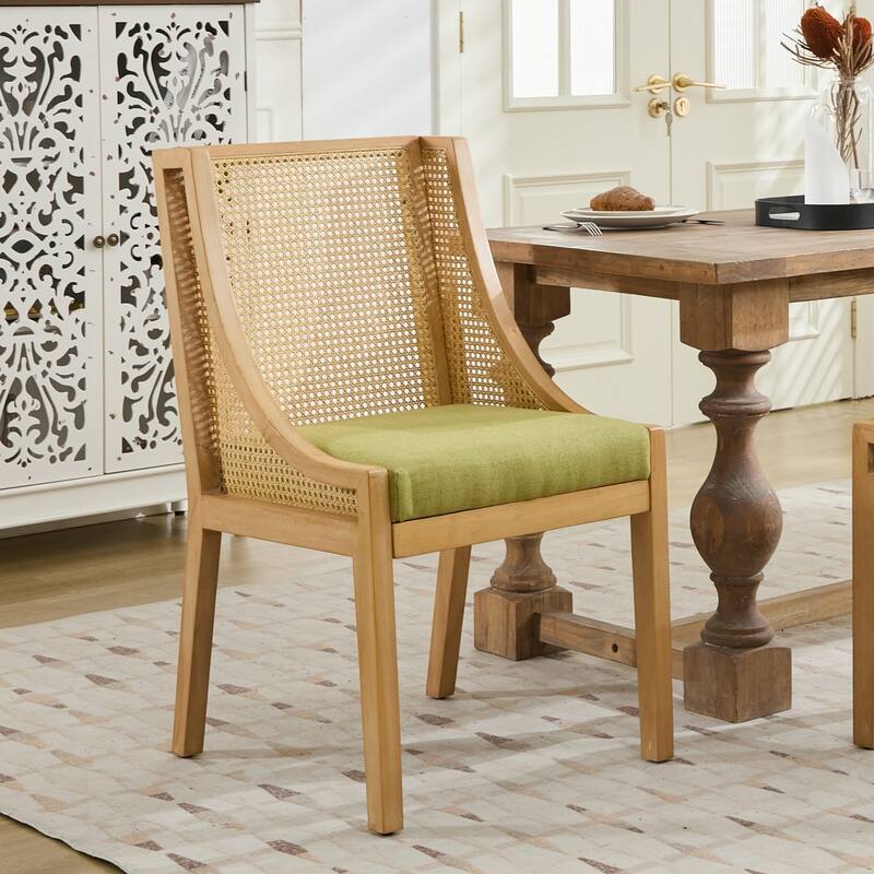 Rattan Dining Chairs, Solid Wood Frame with Decorative Armrests, Linen Upholstered Seat, Wooden Style Side Chairs,Single Pack - Olive Green