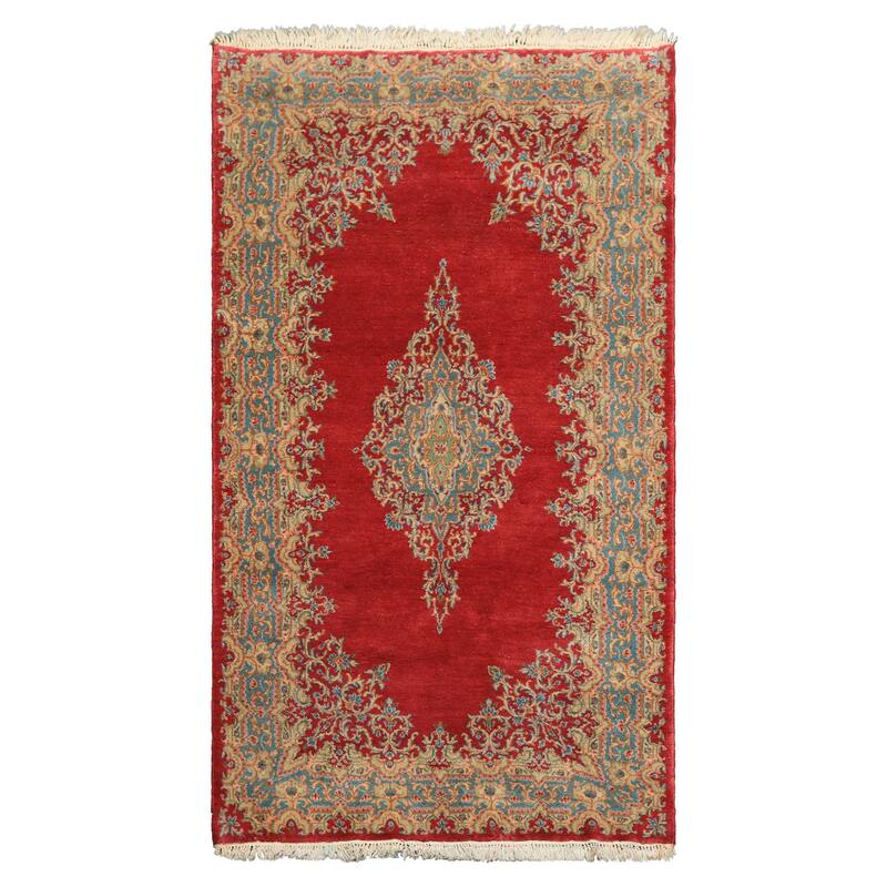 4x7'3'' Hand Knotted Wool Coral Traditional Kerman Medallion Rug - 4' x 7' 3''