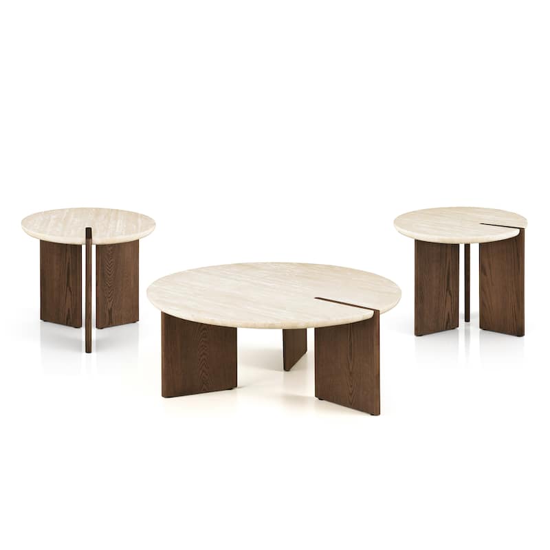 Furniture of America Elrik Modern Genuine Travertine Top 3-Piece Round Coffee Table Set