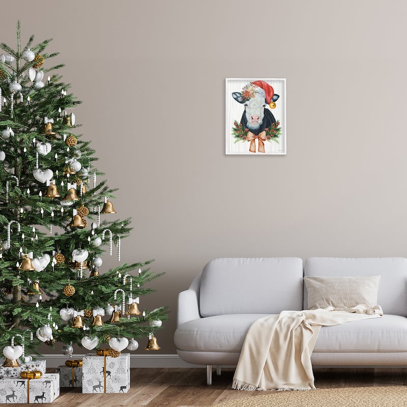 Stupell Festive Cow in Christmas Hat Framed Giclee Art Design By Ashley Justice
