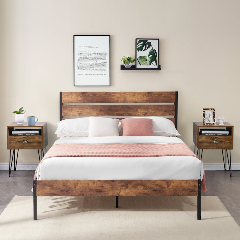 Taomika 3-Pieces Industrial Bed and Modern Square Nightstands Set - Brown - Full