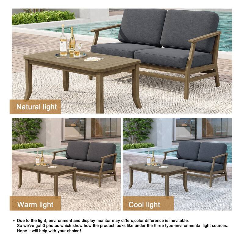 Teak Wood Patio Outdoor Loveseat Sofa and Coffee Table Set