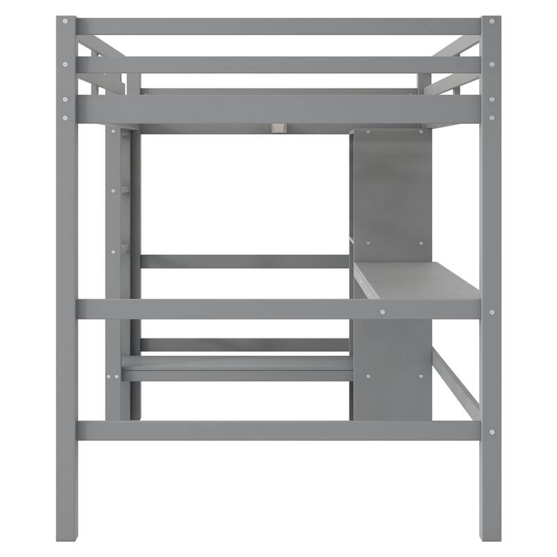 Full Size Loft Bed with Multifunction Shelves and Under-bed Desk