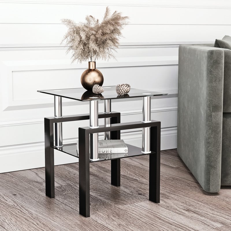 1-Piece Modern Tempered Glass Tea Table Coffee Table End Table, Square Table for Living Room