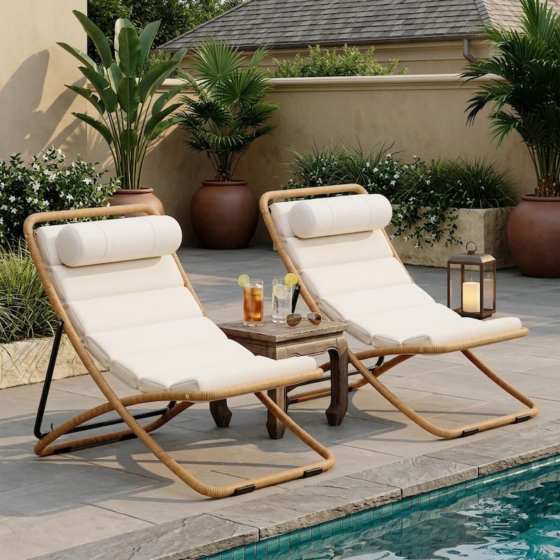 2-Piece Rattan-Wrapped Metal Frame Folding Outdoor Lounge Chair Set by Leisure Zone - Yellow