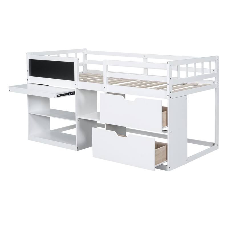 Twin Size Low Loft Bed, Multi-Functional Loft Bed w/Rolling Desk, Blackboard & Drawers, Solid Wood Loftbed Bedframe w/Guardrail
