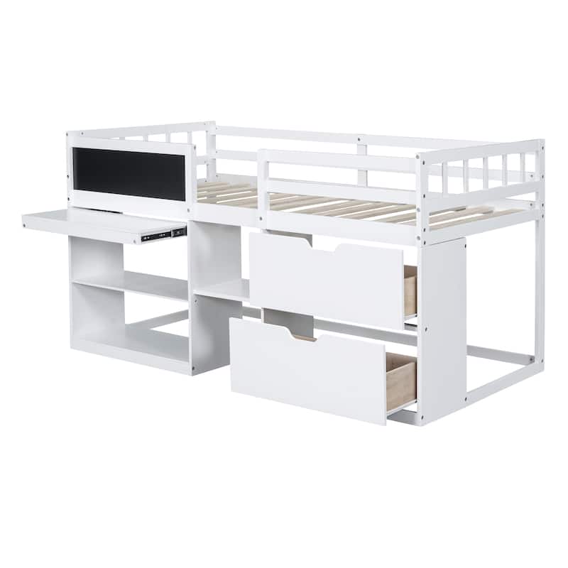 Twin Size Low Loft Bed with Rolling Desk, Shelf and Drawers - Espresso - N/A