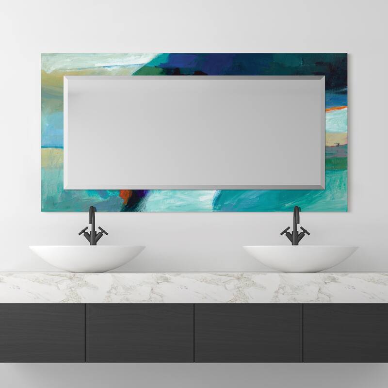 Sky Rectangular Beveled Mirror on Free Floating Printed Tempered Art Glass - Clear - 54" x 28"
