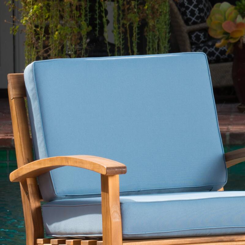 Roomfitters Outdoor Lounge Chairs with Blue Cushions, Acacia Wood Patio Armchairs, Set of 2, Teak Finish
