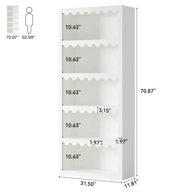 5-Tier White Bookcase, Wooden Tall Bookshelf for Living Room