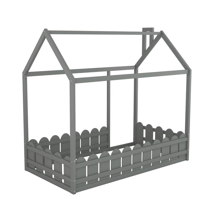 Twin Size Wood House Bed Frame with Fence for Kids and Teens, Gray