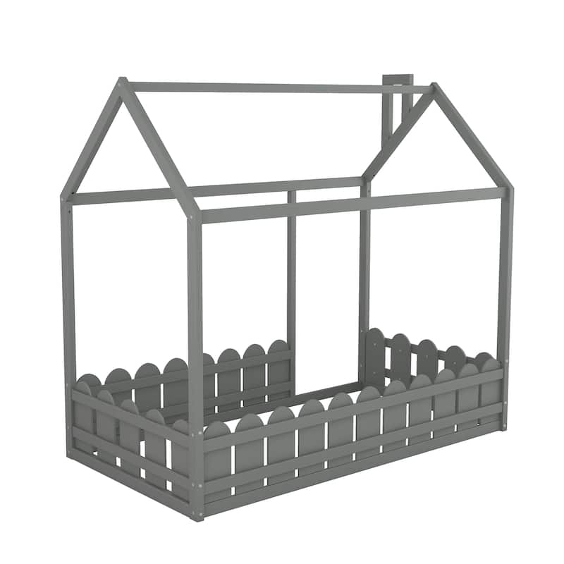 Wood House Bed Frame with Fence