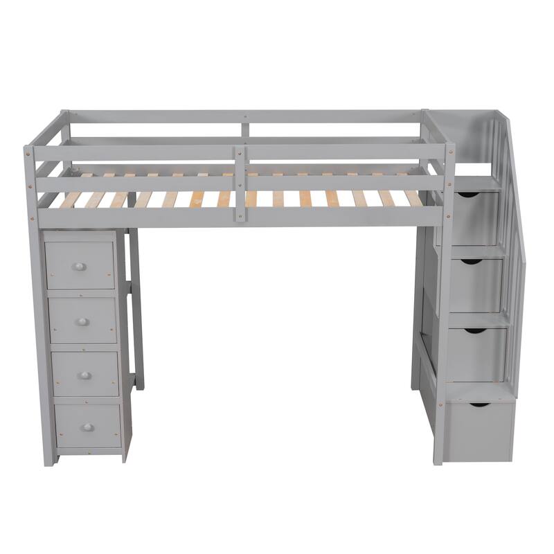 Twin Loft Bed with Storage Drawers, Shelves, and Stairs in Gray