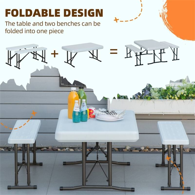 3-Piece Folding Picnic Table Set Polypropylene Plastic Steel Frame Outdoor Portable Table and Benches