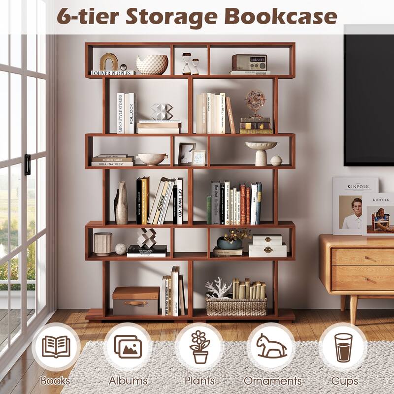 Costway 6-tier Storage Bookshelf S-shaped Geometric Bookcase with - See Details