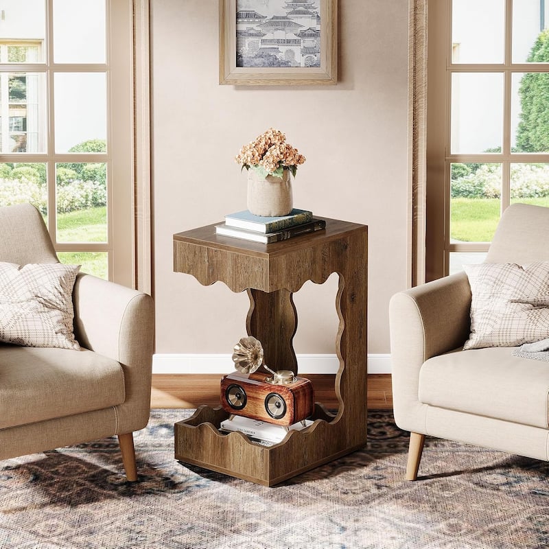 Farmhouse Narrow End Table, 2-Tier C-Shaped Side Table for Living Room - 17.3"W x 13.9"D x 25.6"H