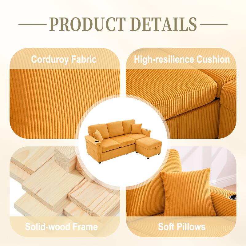 HOMEFUN Corduroy Upholstered L-shaped Pull-Out Storage Sectional Sofa with Storage Ottoman,USB Charging,Cup Holder