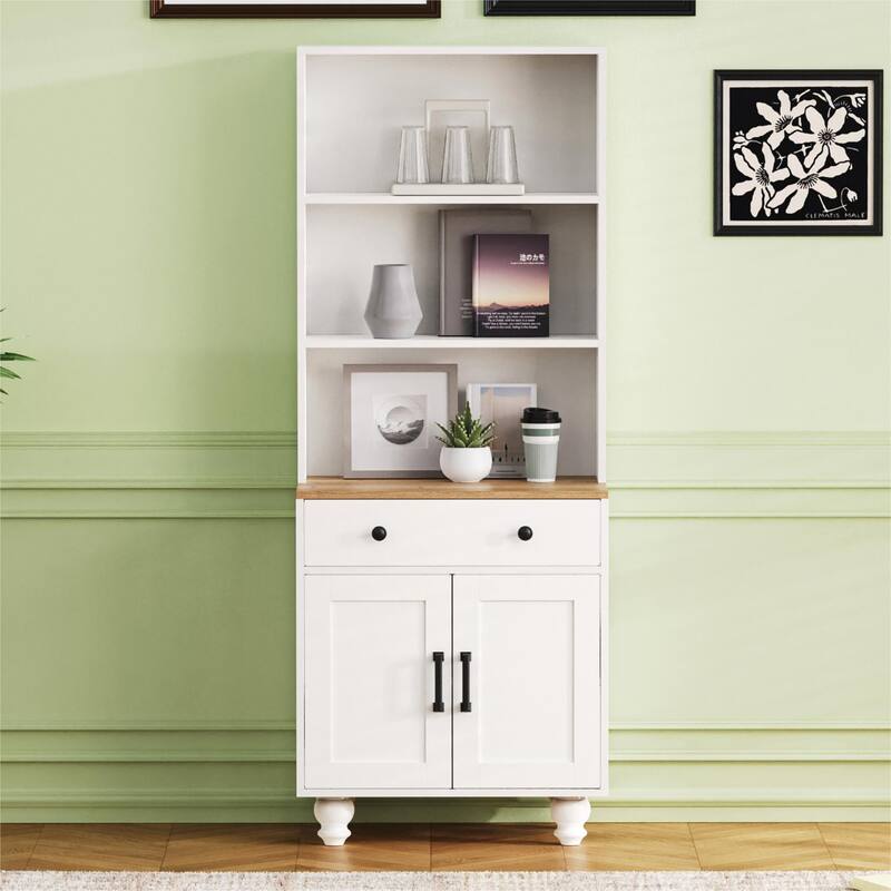 Storage Cabinet with 4 Solid Wood Gourd-Shaped Legs,Kitchen Pantry Cabinet with Adjustable Shelves,5 Tier Bookshelf with Drawer