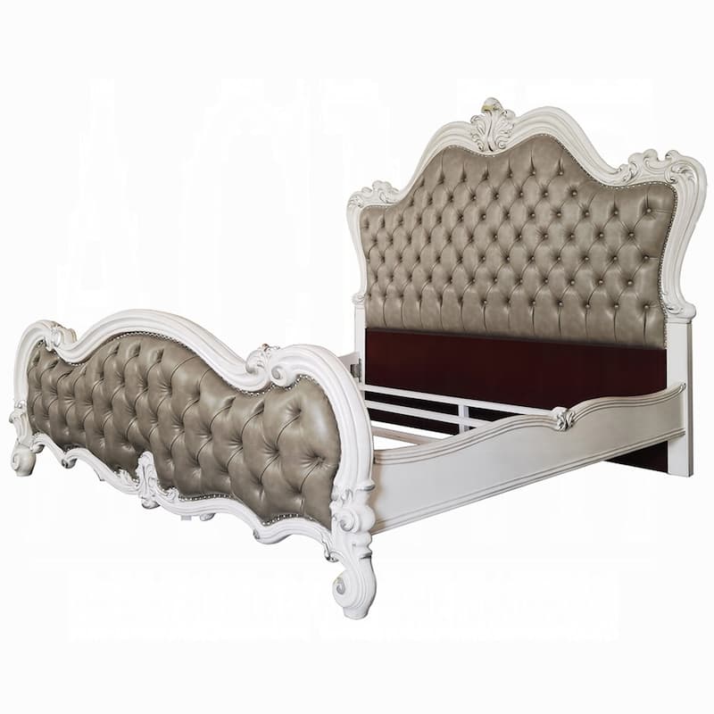 Sicily Queen Bed, Classic White Carved Frame, Tufted Gray Faux Leather