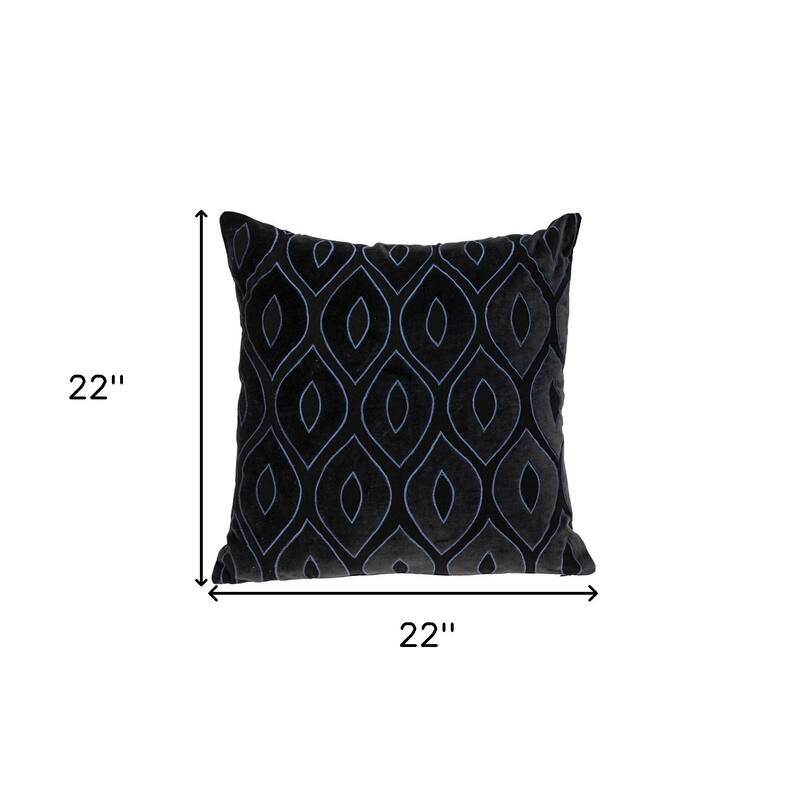 HomeRoots 22" Black and Blue Ogee Cotton Throw Pillow with Embroidery and Applique