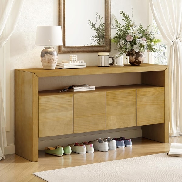 slide 2 of 25, 60" 4-Door Sideboard, Modern Minimalist Solid Wood Veneer Sideboard with Open Shelf Natural