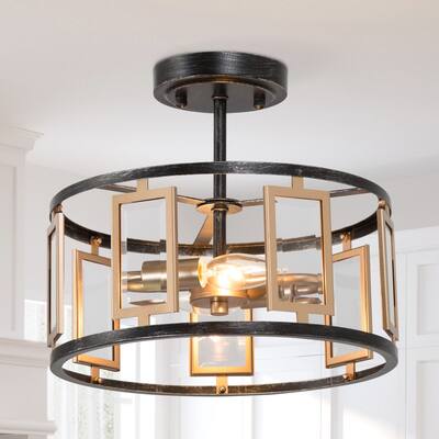 Zeci Farmhouse Open-Cage Semi Flush Mount Light Black Gold Geometric Drum Glass Ceiling Light