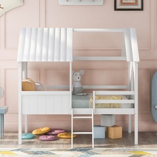 Twin Size Low Loft Bed, White Wooden Playhouse Bed with Semi-enclosed House Frame, 2 Side Windows, Ladder, Guardrails - Unisex