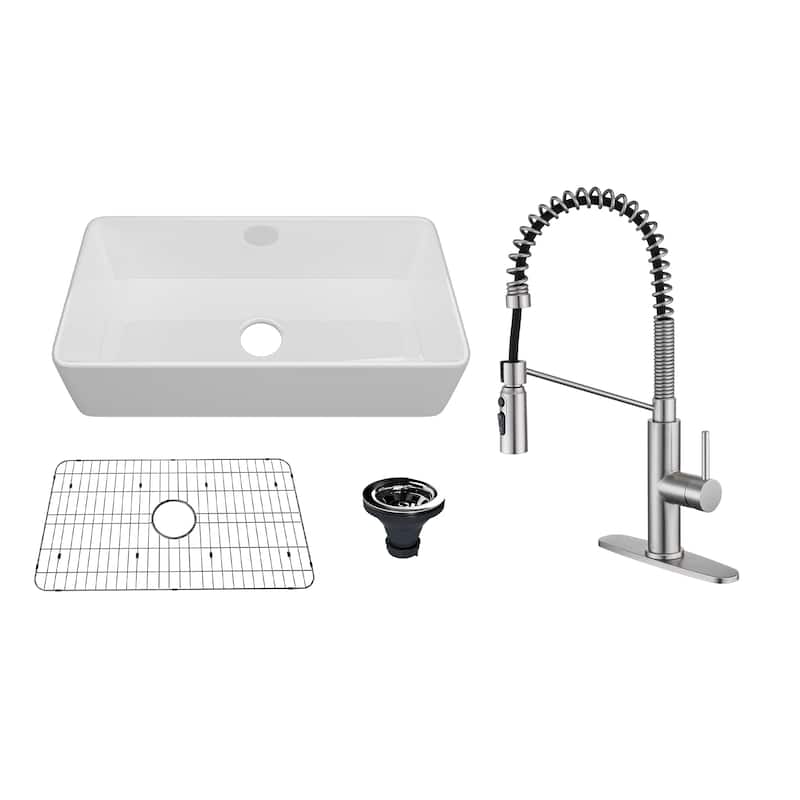Farmhouse/Apron-Front Single Bowl Fireclay Kitchen Sink with 3-Function Pull-Down Kitchen Faucet, Grid, and Basket Strainer - 36" Glossy White Sink + Brushed Nickel Faucet - 36 x 18 x 10
