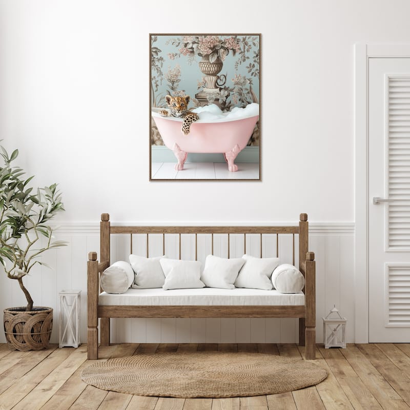 Leopard Pink Bubble Bath by Niky Rahner Framed Canvas Wall Art