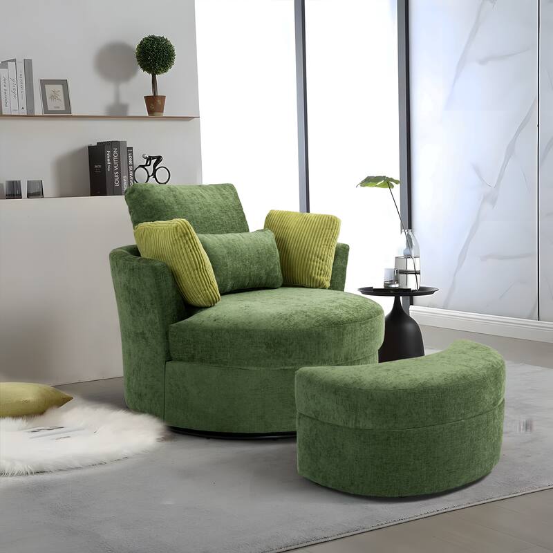 Chenille/Boucle Swivel Barrel Chair with Storage Ottoman