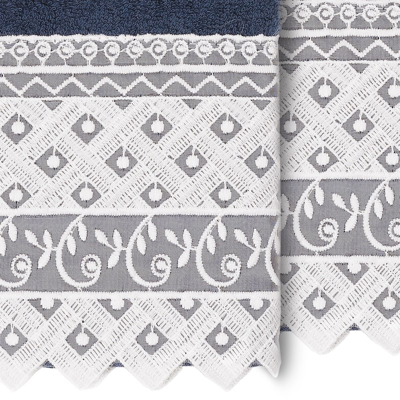 Authentic Hotel and Spa 100% Turkish Cotton Aiden 2PC White Lace Embellished Washcloth Set