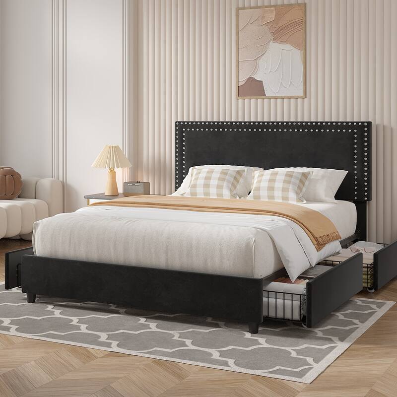 Modern Upholstered Bed Frame with 4 Storage Drawers, Platform Fabric Bed with Button Tufted Headboard