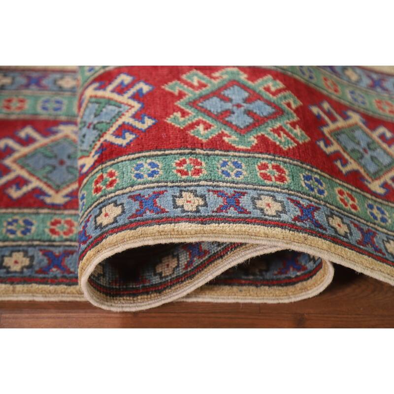 Hand Knotted Oriental 100% Wool Carpet Traditional Geometric Peach Kazak Area Rug - 9' 9'' X 6' 8''