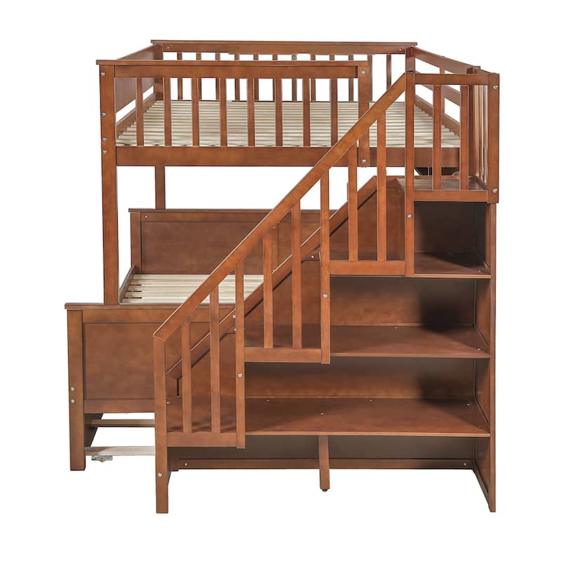 Full XL Over Queen Bunk Bed with Staircase Storage, Underbed Trundle, Open Shelf & LED Light by Harper&Bright Designs