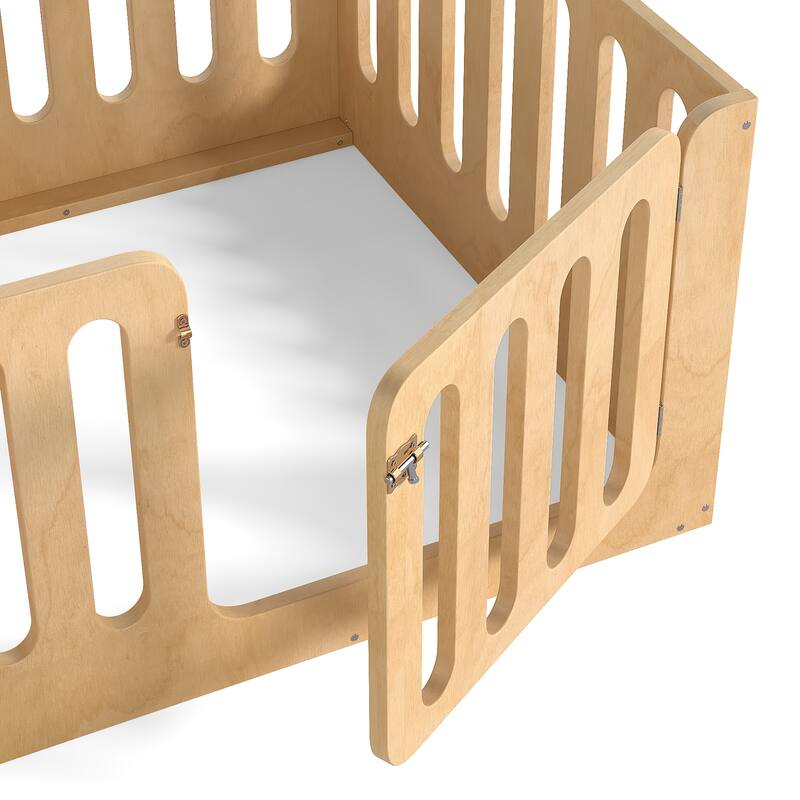 Toddlers Montessori Floor Bed with High Fence, Door, Low Profile Platform Bed Frame for Kids with No Box Spring Needed, No Slats