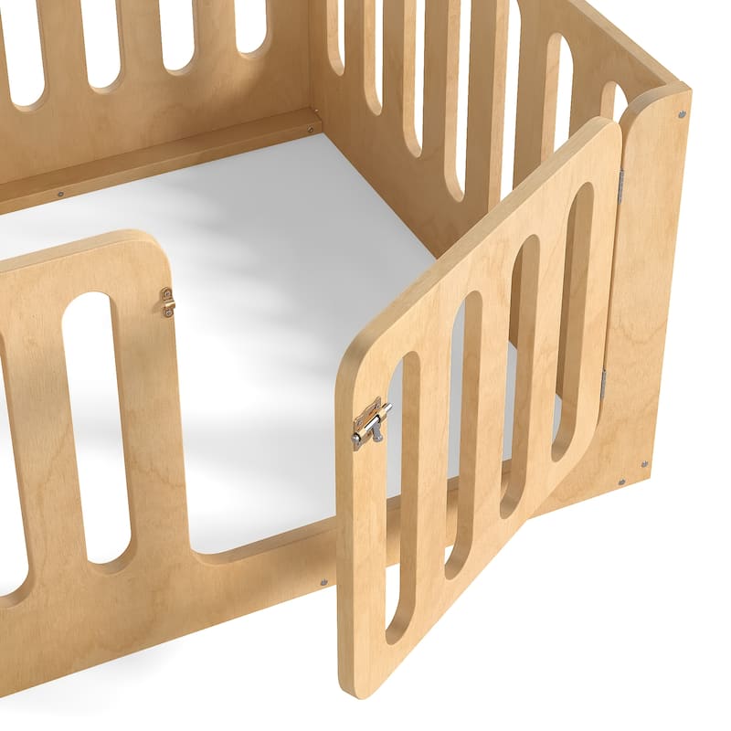 Twin Size Floor Bed with High Fence for Kids, Solid Wood Kids Montessori Bed with Door, No Box Spring Needed Design