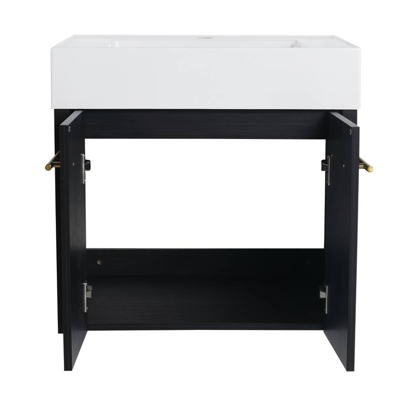 Wall mounted bathroom vanity with sink and storage shelf