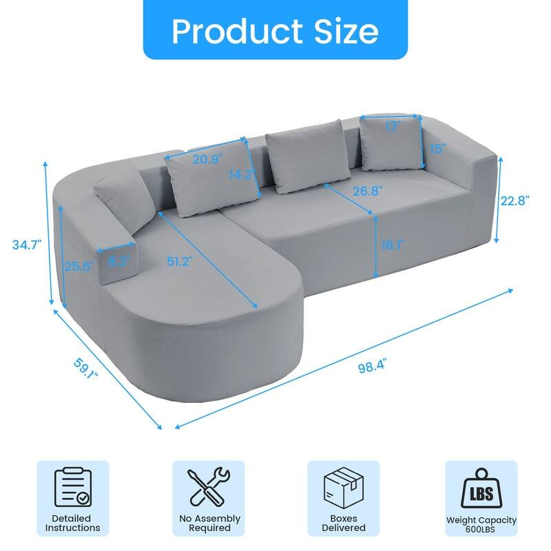 Mixoy 98 inch Chenille L Shape Sectional Sofa with Curved Chaise,Modern Cloud 3 Seater Sofa Couch
