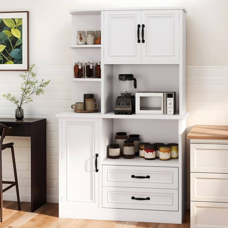 64" White Kitchen Pantry w/ Power Outlet, Sliding Racks & 3 - Tier Shelves