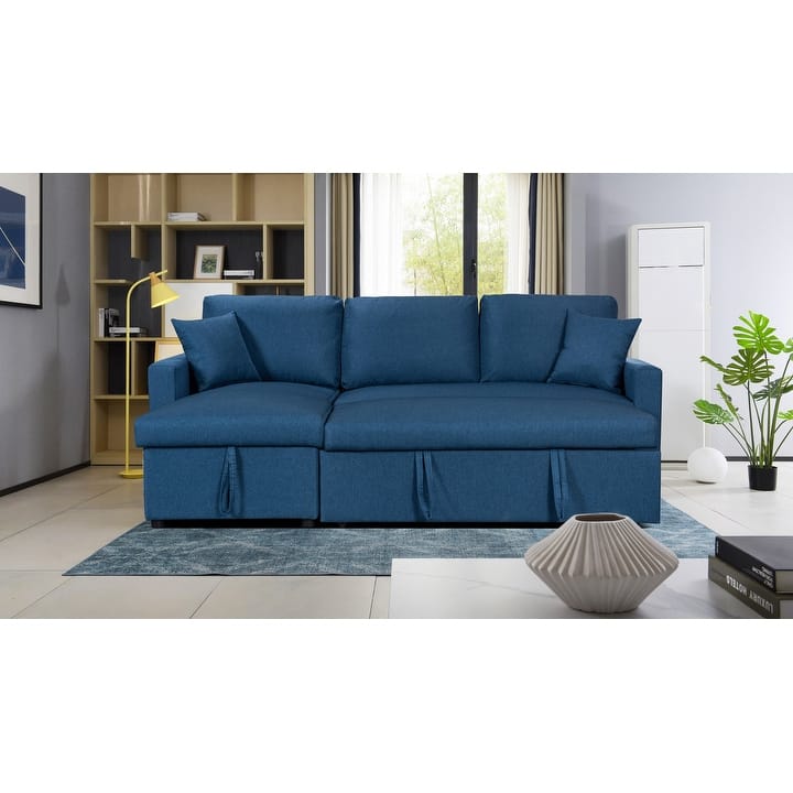 Paisley Linen Fabric Reversible Sleeper Sectional Sofa with Storage Chaise