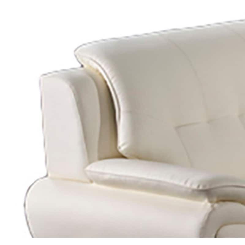 Olaf 69 Inch Loveseat, Tufted Ivory Faux Leather, Chrome Metal, Wood