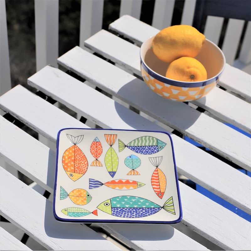 Euro Ceramica FreshCatch 4 Piece Square Canape Plates Set - 7.28 in. x 7.28 in. x 0.87 in.