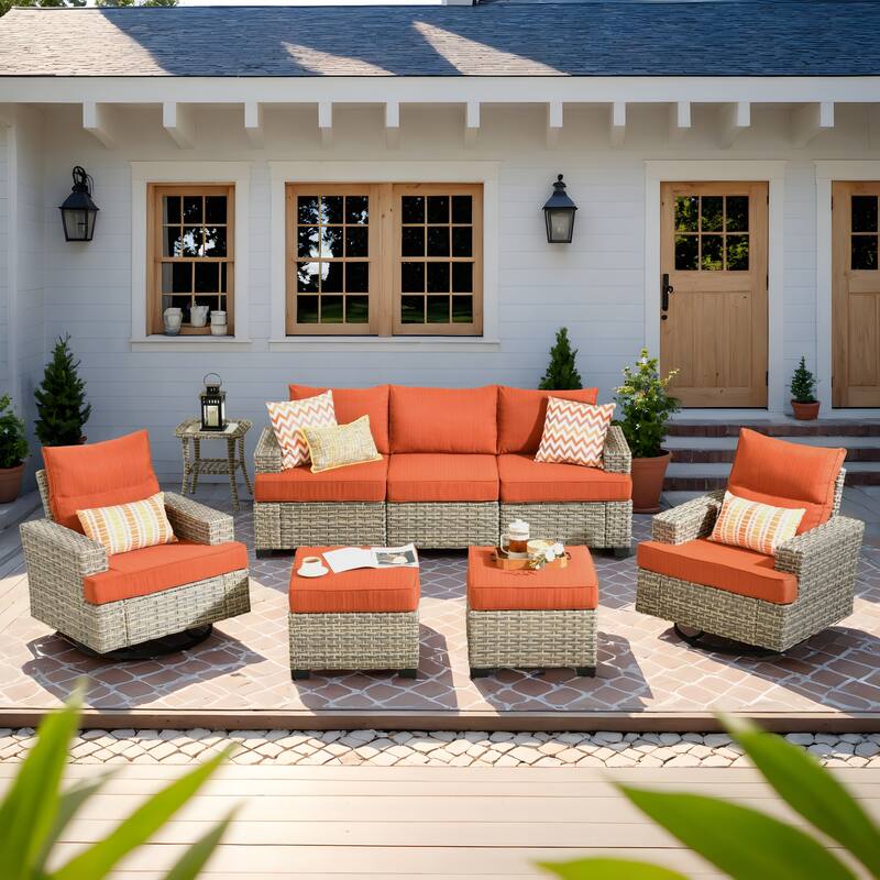 HOOOWOOO 8-piece Wicker Patio Furniture Swivel Chair Set - Red/Orange
