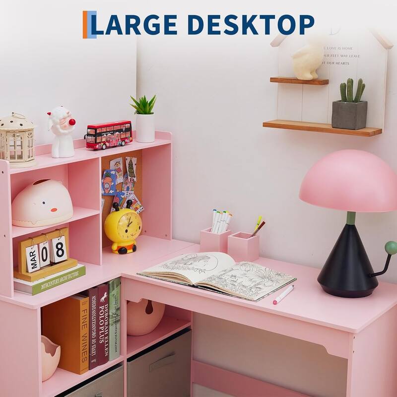 Kids Corner Desk, Desk and Chair Set for Children Features Bulletin Board Open Shelves & Storage Cabinets