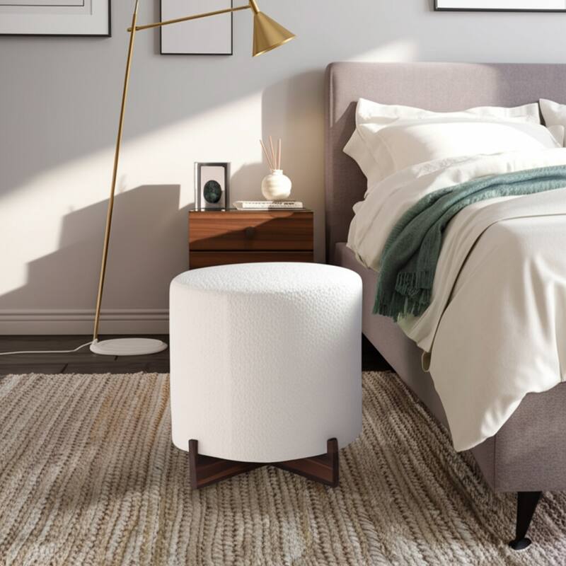 Velvet Round Ottoman Sherpa Finish and X-Base Wood Frame - 18" Ivory