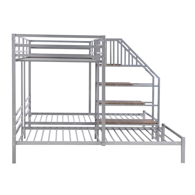 Triple Twin Bunk Bed with Storage Shelves and Staircase, Space-Saving Metal Frame