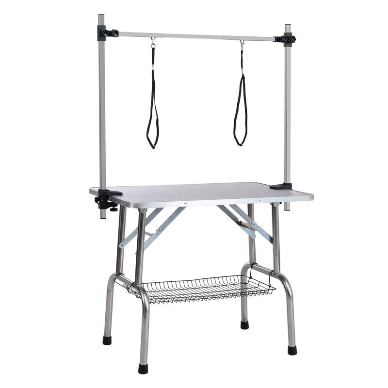 Folding Dog Pet Grooming Table, Stainless Steel Frame Rubber Mat on Board, with Adjustable Arm and Clamps pet dog